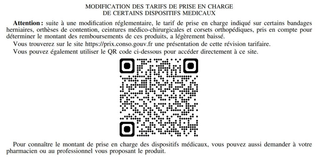 Exemple daffichage suite a la modification des tarifs de prise en charge de certains dispositifs medicaux - UNPDM